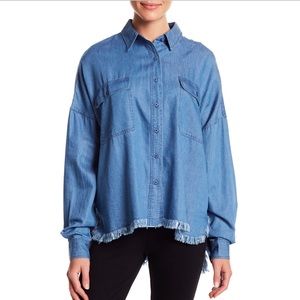 Kendall & Kylie Chambray Frayed Trim Blouse